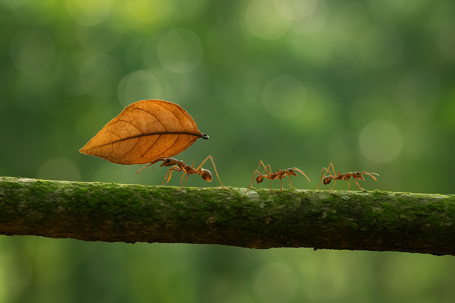 Three reddish-brown ants walking along a moss-covered branch, with one ant carrying a large dried brown leaf, set against a blurred green forest background.
