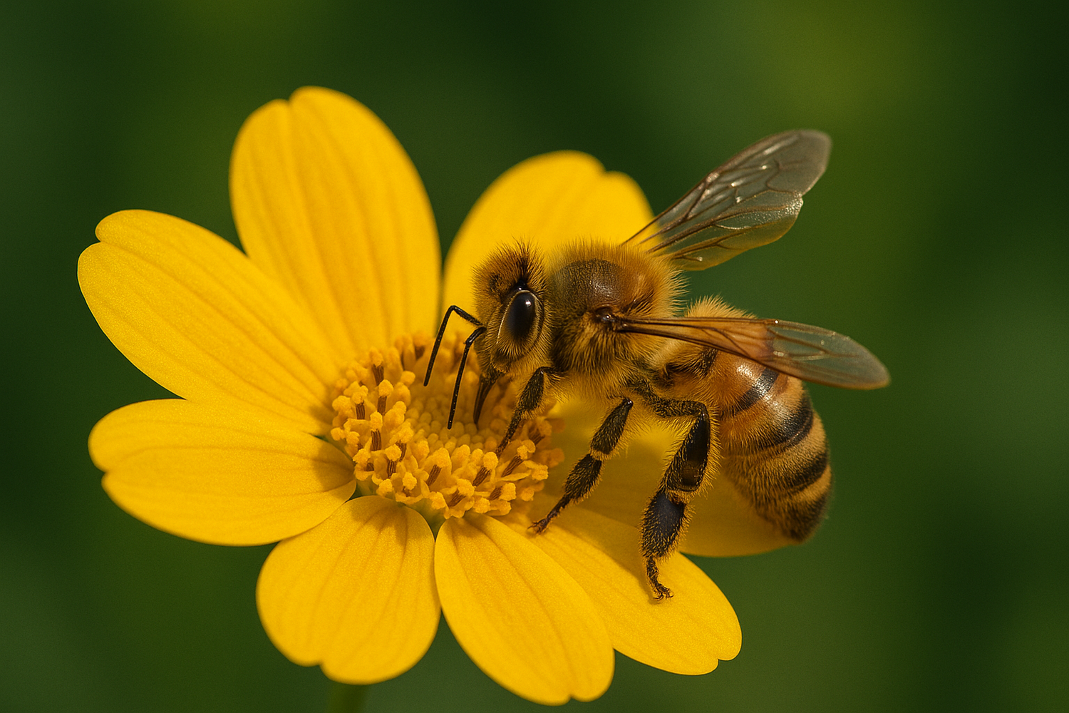 Honeybee collecting nectar on a bright yellow daisy-like flower with green blurred background.