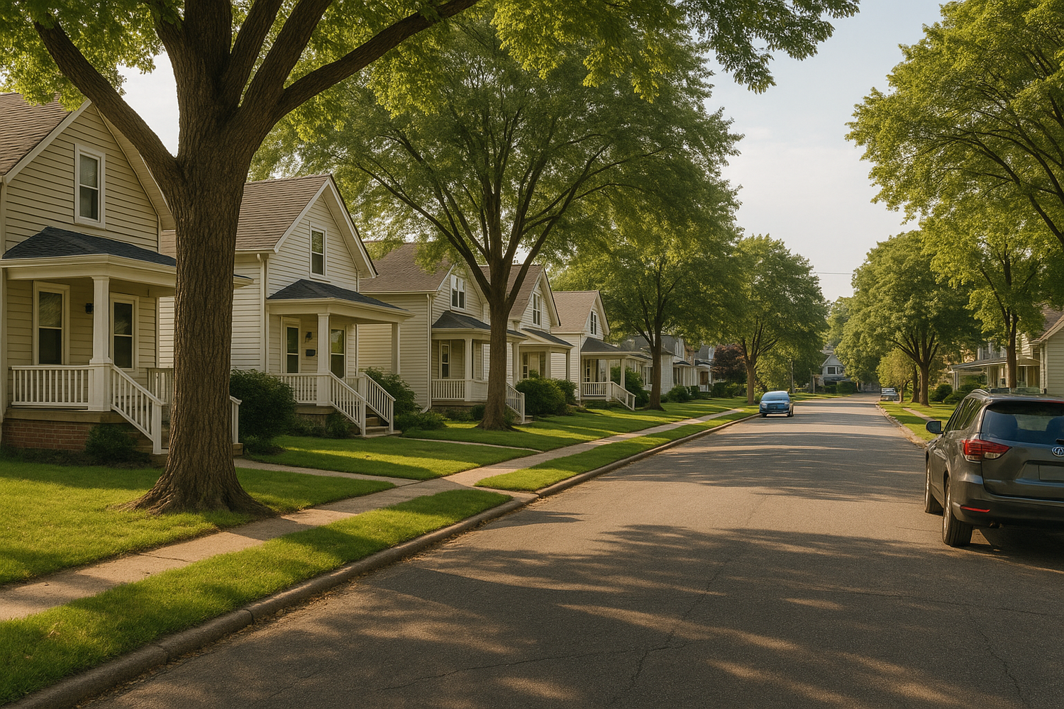 Quiet suburban neighborhood with tree-lined street, single-family homes with front porches, and parked cars on a sunny afternoon.