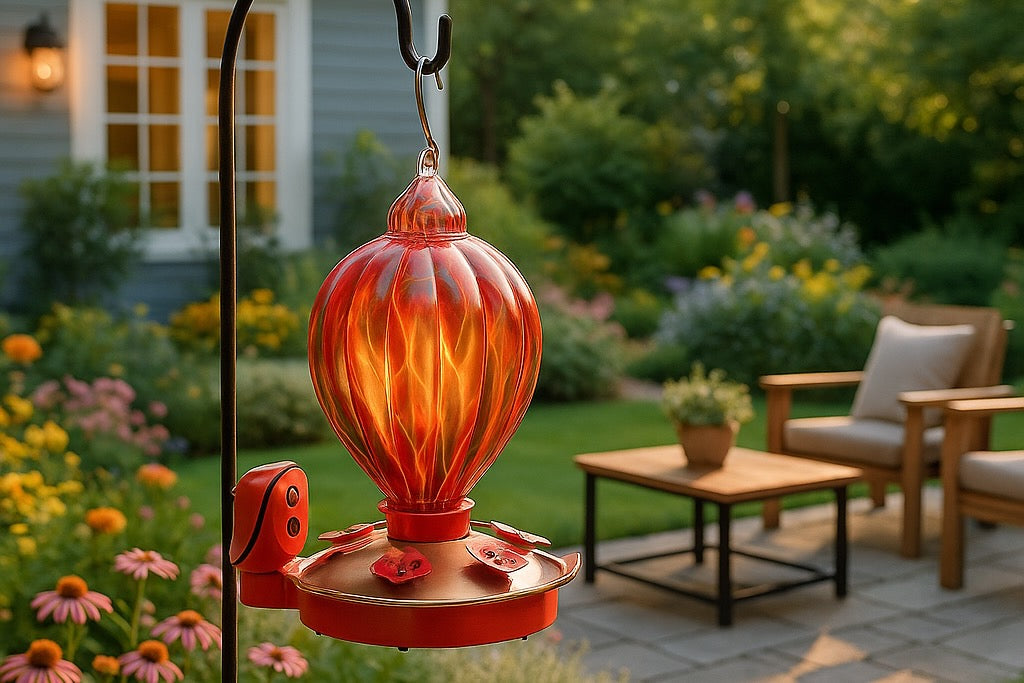 Red glass hummingbird feeder with decorative swirl design hanging in a vibrant backyard garden, featuring patio furniture, blooming flowers, and a cozy home exterior in the background