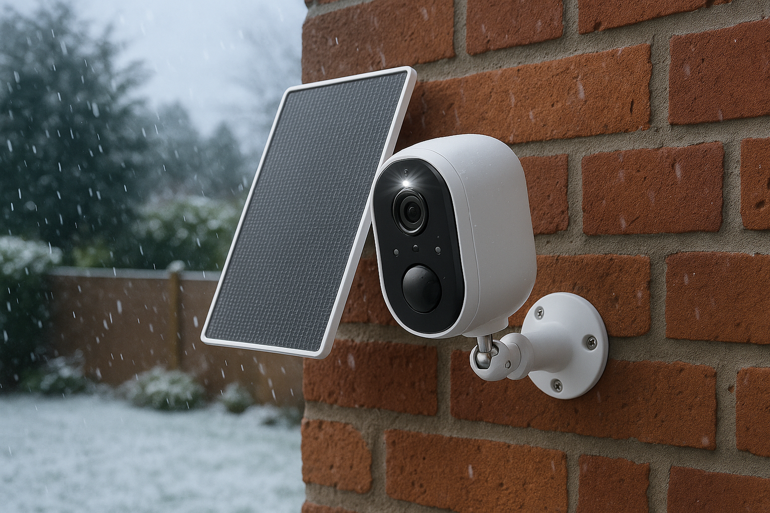 White wireless outdoor security camera with attached solar panel mounted on a red brick wall during snowfall, with a snowy garden background.