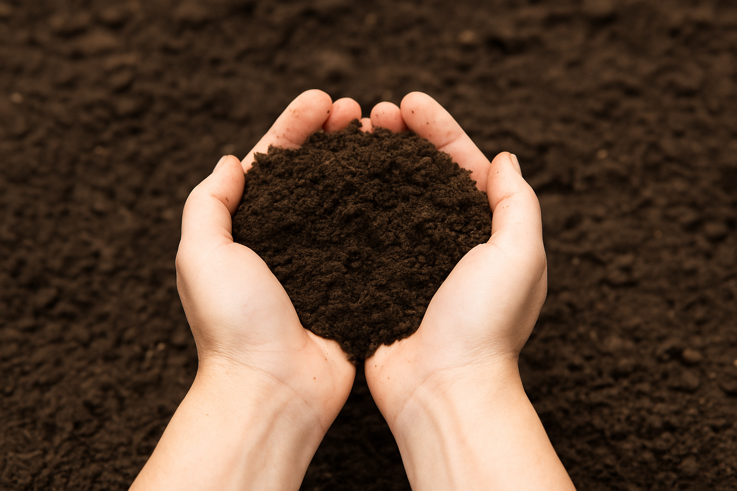 Close-up of hands holding rich, dark garden soil over a soil-filled background, symbolizing healthy soil and organic gardening.