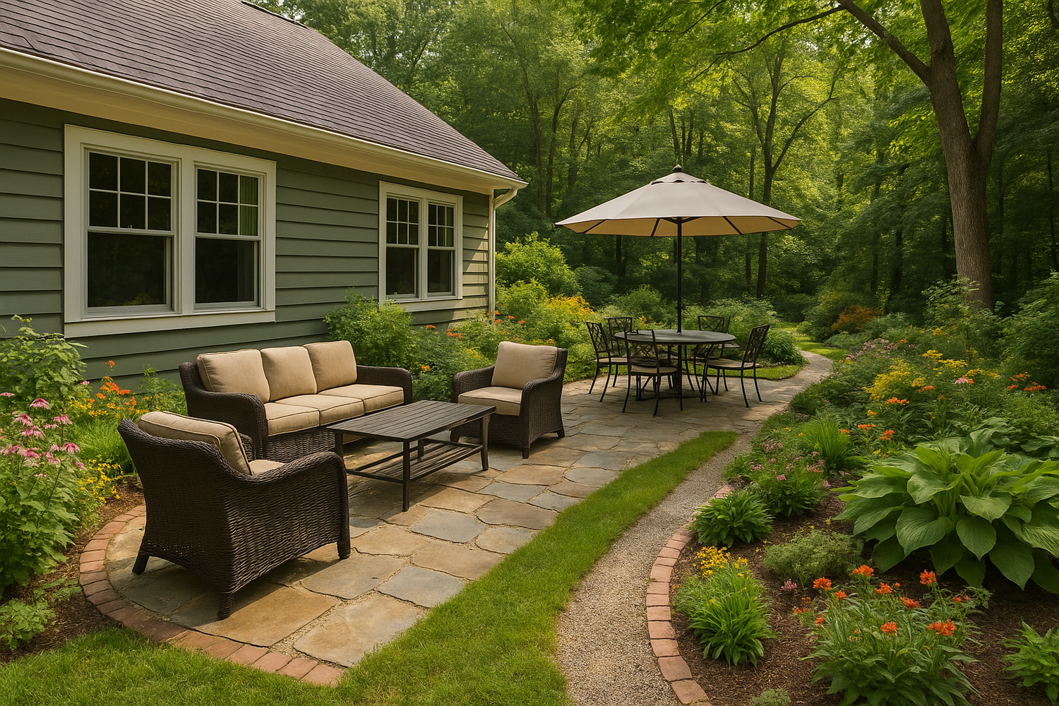 Beautiful backyard patio with cushioned wicker furniture and a dining set under a large umbrella, surrounded by lush garden plants and blooming flowers next to a green house in a wooded area.