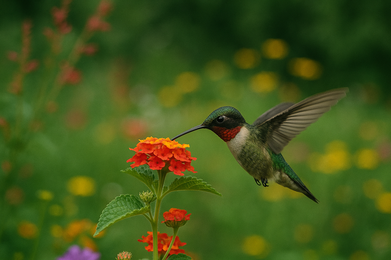 Ruby-throated hummingbird hovering while feeding on bright orange-red lantana flowers in a lush green garden with blurred yellow and pink wildflowers in the background.